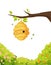 Beehive on branch with swirling bees illustration. Yellow cocoon covered with sweet honey surrounded by flowering trees.