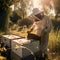 A beekeeper checking her hive. Wooden beehive with bees flying around in the setting sun.