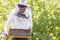 Beekeeper holding frame Background texture pattern section wax Bees work honeycomb from bee hive filled golden honey Concept