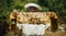 Beekeeper holding a honeycomb full of bees. Harvest honey in the apiary.