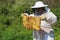 Beekeeper Inspecting Honey Comb on a Frame