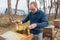 Beekeeper looks after his bee colony by lifting a frame to see t