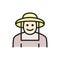 Beekeeper in protective clothing flat color line icon.