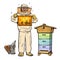 Beekeeper in protective gear holding honeycomb and smoker