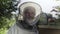 Beekeeper in protective veil and hat is looking at camera and smiling