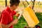 Beekeeper in red t-shirt cuts wax from honeycomb frame with a special electrik knife. Honey production. Close up