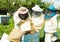 The beekeeper shows work with bees to adolescent boys. Grandfather and grandchildren in the apiary. Horizontal frame.