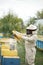 Beekeeper smoking honey bees with bee smoker on the apiary