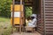 Beekeeper taking out the honey frame from a wooden beehive