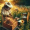 Beekeeper tending to bees amidst sunflowers, with hives in a golden-lit field.