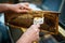 Beekeeper unseals honeycomb with a scraper to remove wax and subtract honey.