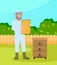 Beekeeper wearing protection suit hold a honeycombs standing at bee-garden at summer, cartoon style