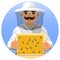 Beekeeper in a white suit. Portrait of a man in a beekeeper suit with a honeycomb frame in his hands. Vector.