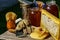 Beekeeper working tools on the hive. beekeeping equipment on the old wooden table