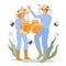 Beekeepers or hivers man and woman with jars of bee honey, flat vector isolated.