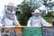 Beekeepers in protective suits arrange honeycomb panels in the field