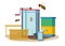 Beekeeping equipment. Frames with wax honeycomb and bees. Honey extractor, smoker and ready made hives. Illustration of
