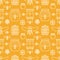 Beekeeping seamless pattern orange color, apiculture vector illustration. Apiary thin line icons bee, beehive, honeycomb