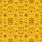 Beekeeping seamless pattern yellow color, apiculture vector illustration. Apiary thin line icons bee, beehive, honeycomb