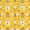 Beekeeping seamless pattern yellow color, apiculture vector illustration. Apiary thin line icons - bee, beehives, barrel