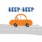 Beep-beep car lettering. Cars and text chid print of hand dawn vehicle. Nursery art design, for printing on baby clothes and