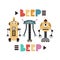 beep beep. Cartoon robots, hand drawing lettering, decor elements. vector illustration.