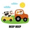 Beep beep print with cute boy and cat on a tractor carrying a cow. Summer green meadow