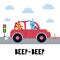 Beep beep print with cute rabbit and fox driving the red car. Funny background