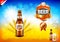 Beer ads. Bottle and wheats on field bokeh vector background