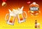 Beer ads. Two toasting frothy mugs on gold vector background