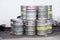 Beer and alcohol barrel kegs in a stack group