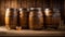 Beer barrels, barley, brewery table dark beverage