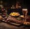 Beer being poured into glass with gourmet steak and french fries on christmas background