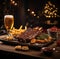 Beer being poured into glass with gourmet steak and french fries on christmas background