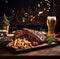 Beer being poured into glass with gourmet steak and french fries on christmas background