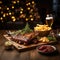 Beer being poured into glass with gourmet steak and french fries on christmas background