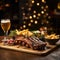 Beer being poured into glass with gourmet steak and french fries on christmas background