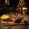 Beer being poured into glass with gourmet steak and french fries on christmas background