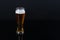 A beer bottle and a filled glass of beer. Black background with copyspace