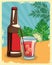 Beer bottle and liquor shot over tropical leaves poster, flat design