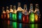beer bottles in ice with glowing party lights