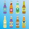 Beer bottles set with labels. Colorful vector icon or sign. Symbol or design elements for restaurant, beer pub or cafe.