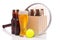 Beer Bottles with Tennis Racket and Ball