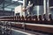 Beer bottling line with brown bottles on conveyor belts and bottling machine made of stainless steel.