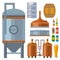 Beer brewing process alcohol factory production equipment mashing boiling cooling fermentation vector illustration.