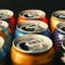 Beer cans. Aluminum cans. Close-up of many multicolored open empty cans. Recycling and reuse. Selective focus