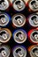 Beer cans. Aluminum cans. Top view of many multicolored blank cans. Recycling and reuse. Selective focus