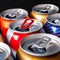 Beer cans. Close-up of multicolored aluminum cans. A lot of open empty cans. Recycling and reuse. Selective focus