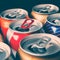 Beer cans. Close-up of multicolored aluminum cans. A lot of open empty cans. Recycling and reuse. Selective focus