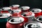 Beer cans. Close-up of multicolored aluminum cans. Many open empty cans. Recycling and reuse. Selective focus